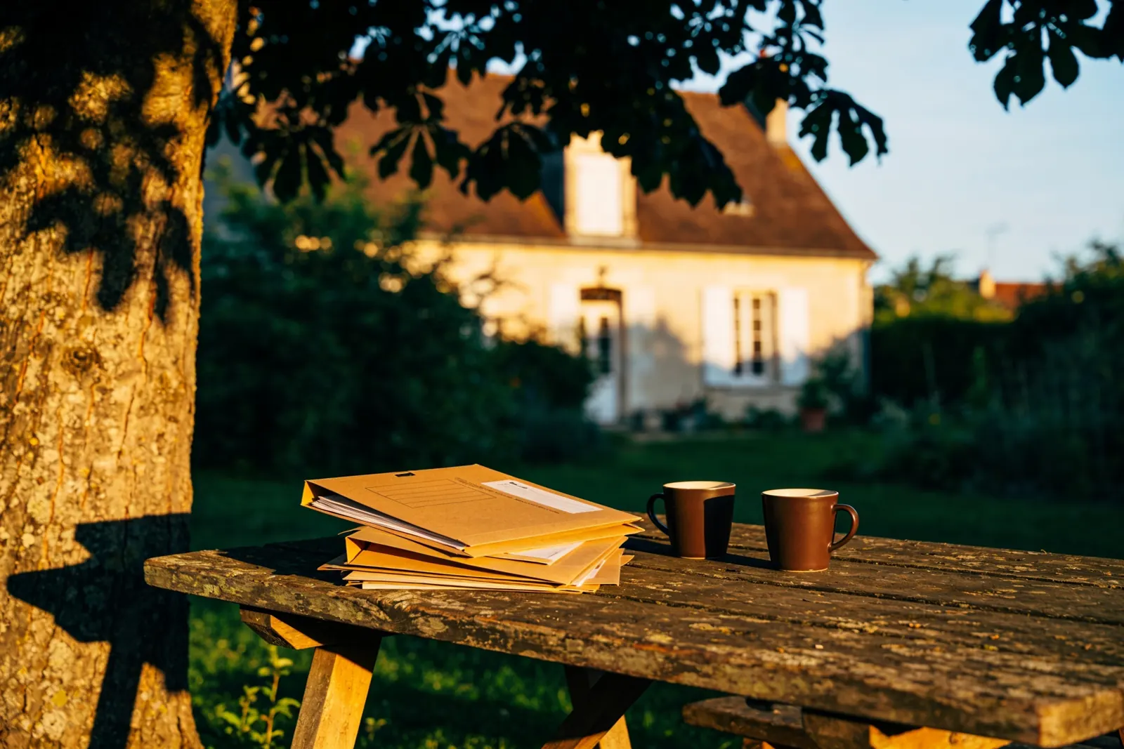 Des dossiers de succession et deux tasses sur une table de jardin, devant la maison de famille